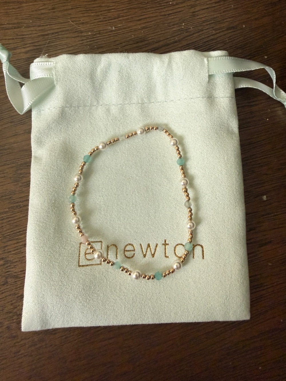 Gold Bead Bracelet with Pearlescent and Light Blue Accents Enewton